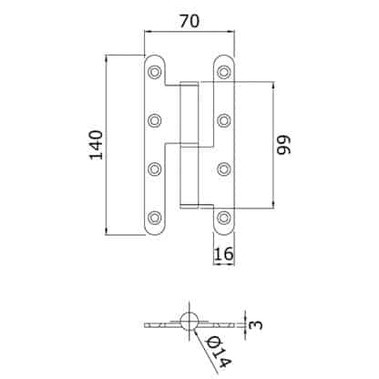 Paumelle inox bout rond nœud plat noir mat 140x70x3mm